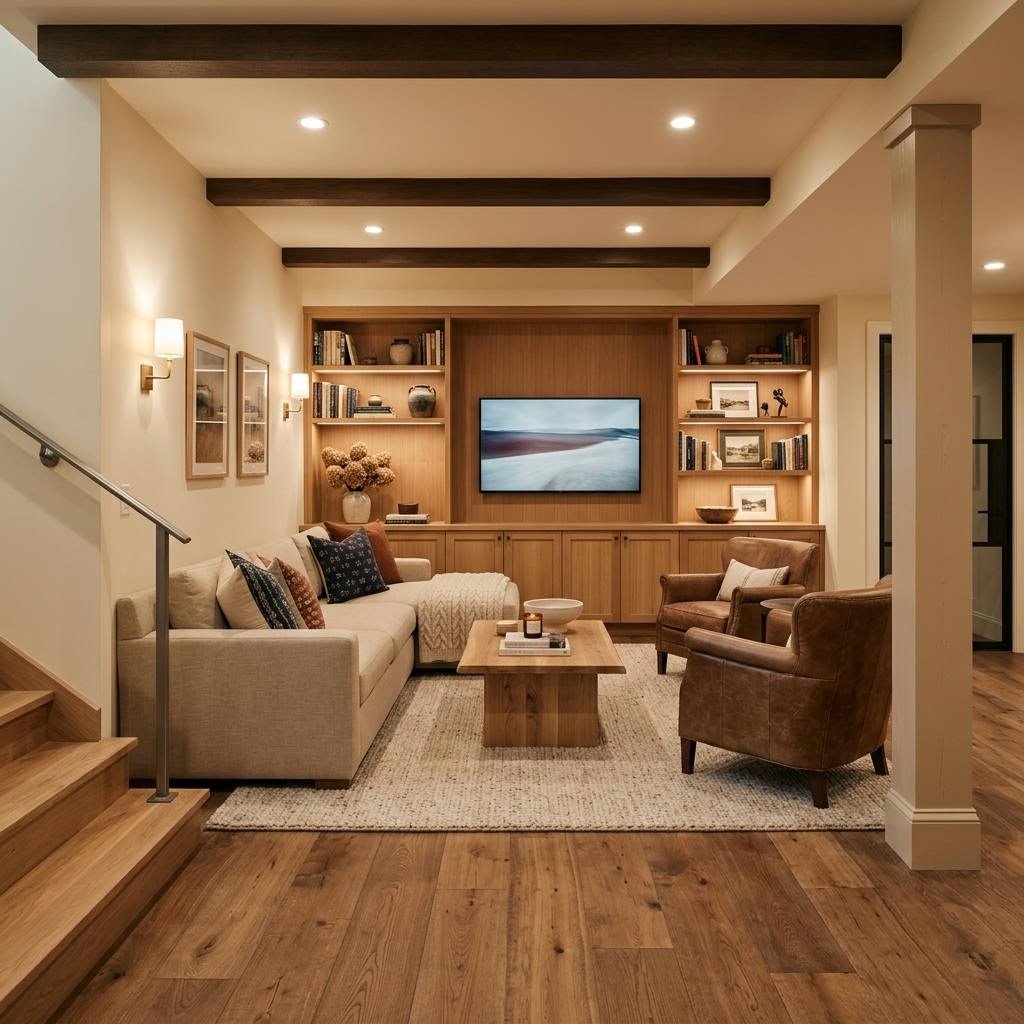Conceptual finished basement with oak shelving