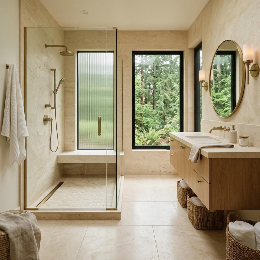 Conceptual spa bathroom with cream stone and walk-in shower