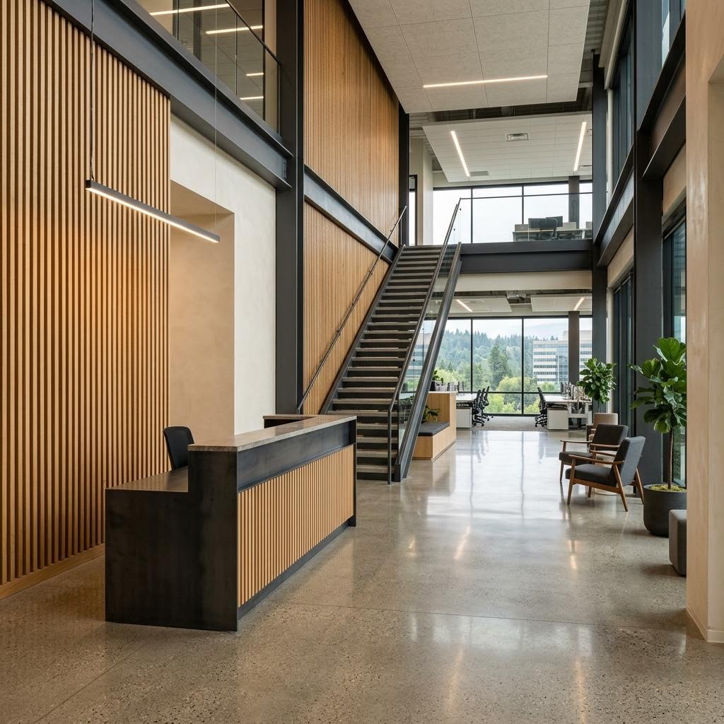 Conceptual office interior with oak slat walls