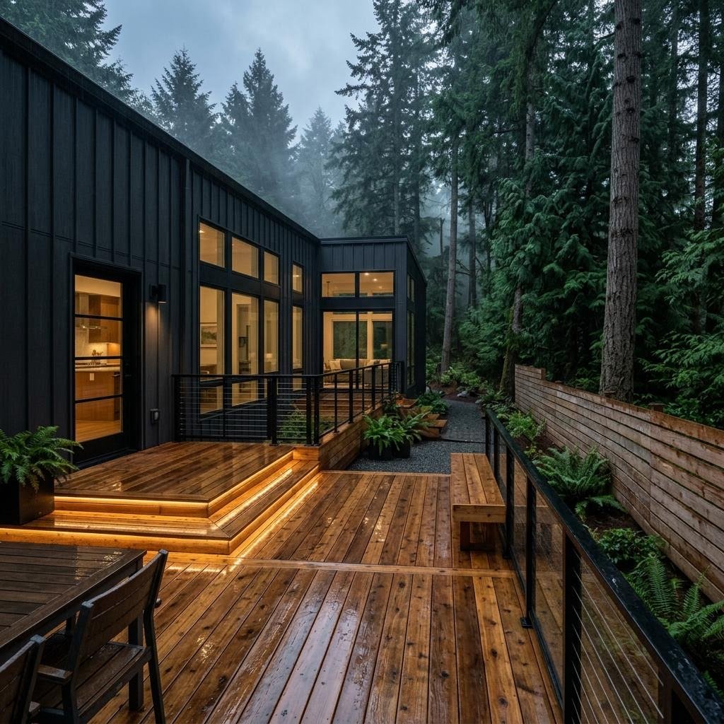 Conceptual cedar deck on a modern house among firs